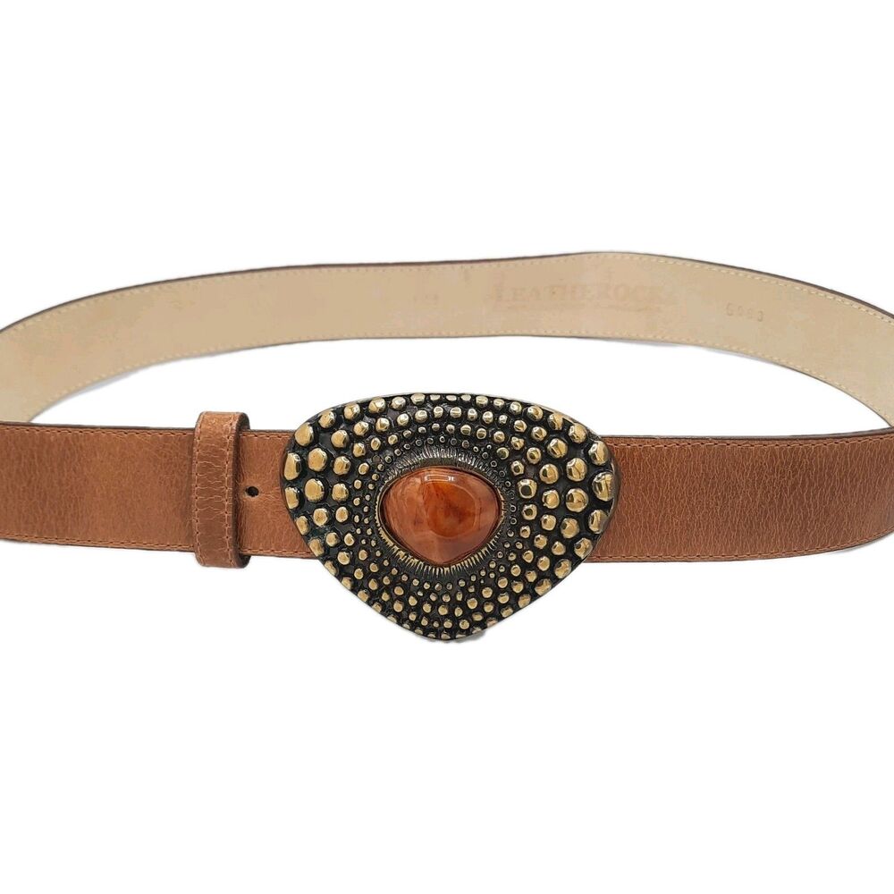 LEATHEROCK Vintage Boho Western Statement Belt Leather Brass Agate Stone Sz 36 - Picture 4 of 7